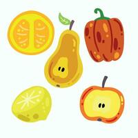 frutas y vegetales aislado en blanco. conjunto de Fresco vegetariano alimento. delicioso dulce bocadillo postre en vistoso dibujos animados estilo. manzana, pimienta, pera, y limón. vector