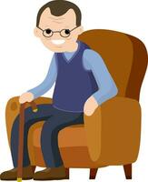 Old man is sitting in soft armchair. Rest and senior with a cane. Brown furniture and room element. Cartoon flat illustration. Cute Grandfather vector