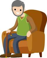 antiguo hombre es sentado en suave sillón. descanso y mayor con un caña. marrón mueble y habitación elemento. dibujos animados plano ilustración. linda abuelo vector