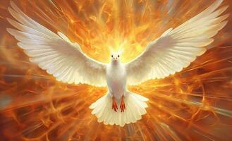 Dove of Divine Light - Depiction of the Holy Spirit as a Dove.The outpouring of the Holy Spirit and the dawn of golden light - symbols of Easter, the Eucharist and the dove. Generative AI, photo