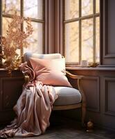 an old chair with cushions near a window, vintage style ,luxury, classic, kingdom,morning view photo