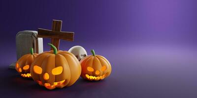 3d Rendering. Design for Halloween banner with pumpkin,crucifix, skull, grave on a purple background. With copy space. photo