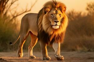 adulto masculino león en pie en el africano sabana durante el dorado hora de el día. ai generado foto