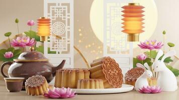 3d representación para medio otoño festival fiesta o chino nuevo año, chino festivales con linternas, flor, luna, Conejo ,pastel de luna,té maceta y asiático elementos en antecedentes. foto