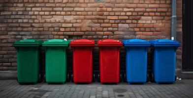 colored garbage bins - green, black, blue, red sit against a brick wall, in the style of transportcore, plasticien photo