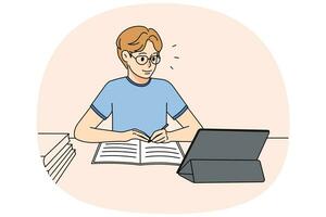 Guy in glasses sit at desk studying online on table. Student handwriting in notebook learning on internet on gadget. Remote education. Vector illustration.