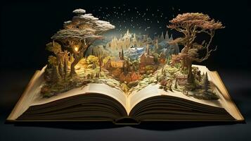 Fantasy landscape with a waterfall in the open book on dark background. Generative AI photo