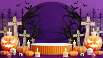 3d rendering illustration design for halloween banner with pumpkin,crucifix, skull, candle, candy, givebox ,grave on background. photo