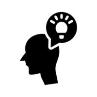 cabeza perfil icono con pensamiento idea pensamientos. cara con ligero bulbo. inteligente idea lámpara símbolo. mente control, positivo pensando y inspiración, psicología, vector ilustración en un blanco antecedentes.