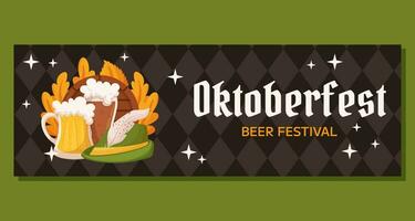Oktoberfest German beer festival horizontal banner template. Design with glass of light and dark beer, tyrolean hat and leaves. Rhombus pattern on back vector