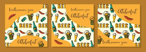 Oktoberfest. Beer festival. Posters set with pattern and inscription Willcommen zum Oktoberfest. vector