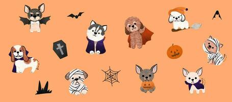 Spooky Paws' Set, Cute Halloween dogs in vector. Diverse breeds don Halloween charm. Perfect for creative projects vector