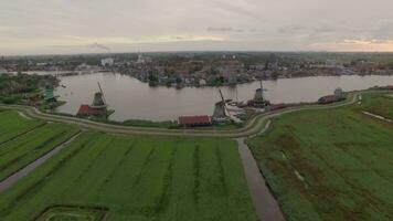 Aerial scene with windmills and township in Netherlands video