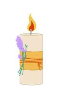 Candle made of wax, scented, with a flower. Home aromatherapy, home decoration. Vector isolated illustration