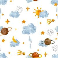 Hand drawn space seamless pattern. Space background. Space doodle chuldish illustration. Endless pattern with cartoon space rockets, planets, stars, moon, clouds, solar system, ufo vector