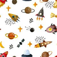 Hand drawn space seamless pattern. Space background. Space doodle chuldish illustration. Endless pattern with cartoon space rockets, planets, stars, moon, clouds, solar system, ufo vector