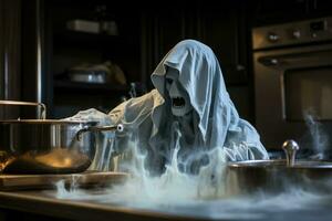 Un spectre effrayant apparait dans une terrifiante photographie de cuisine photo