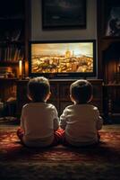 Deux bebes denoncent les ecrans trop jeunes en regardant la television photo