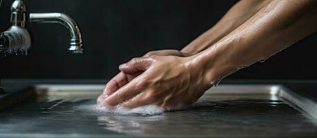 Individual cleaning hands in basin photo