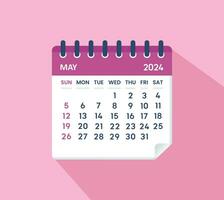 mayo 2024 calendario hoja calendario 2024 en plano vector