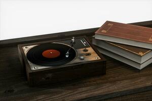 The old wooden vinyl record player on the table, 3d rendering. photo