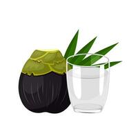 Vector illustration, a glass of palm wine, with Toddy palm fruit and leaves, isolated on white background.