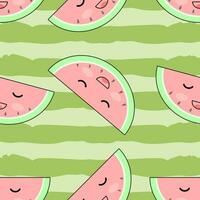 Seamless cute watermelon pattern on white background. Summer vector illustration with watermelon slices and seeds. Simple design, suitable for printing on fabric, greeting cards, gift wrap, etc.