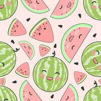 Seamless cute watermelon pattern on white background. Summer vector illustration with watermelon slices and seeds. Simple design, suitable for printing on fabric, greeting cards, gift wrap, etc.