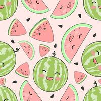 Seamless cute watermelon pattern on white background. Summer vector illustration with watermelon slices and seeds. Simple design, suitable for printing on fabric, greeting cards, gift wrap, etc.