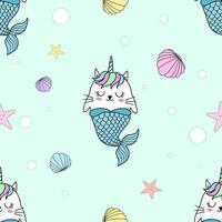 Cute mermaid, seamless pattern decorated with seashells, starfish, sponges on a pastel pink background. vector