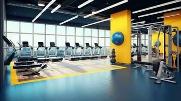 Within gym with modern fitness equipment for fitness events and more. Modern of gym interior with equipment. Sports equipment in the gym. Created with Generative AI photo
