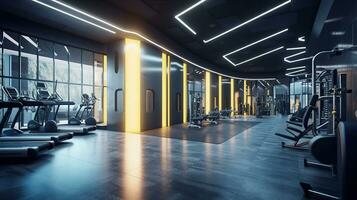 Within gym with modern fitness equipment for fitness events and more. Modern of gym interior with equipment. Sports equipment in the gym. Created with Generative AI photo