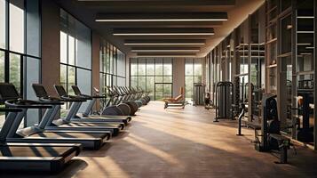 Within gym with modern fitness equipment for fitness events and more. Modern of gym interior with equipment. Sports equipment in the gym. Created with Generative AI photo