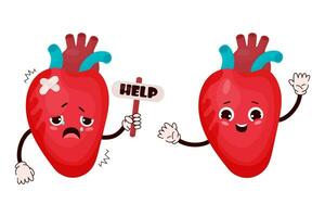 Cute cartoon heart with different emotions. Happy human organ character and sad sick crying and asking for help. Vector illustration. Mascot in cartoon style isolated on white background.