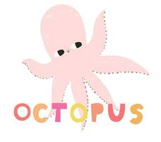 Vector illustration of a cute octopus. Flat style. Cute octopus with big eyes. Mollusk with tentacles. Sea and ocean theme