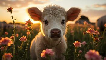 Cute puppy playing in the meadow at sunrise, pure joy generated by AI photo