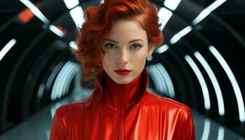 A beautiful redhead woman, elegant and futuristic, looking at camera generated by AI photo