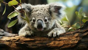 Cute koala, marsupial mammal, sitting on eucalyptus tree, looking at camera generated by AI photo