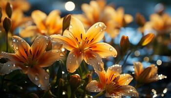 A vibrant yellow daisy in a meadow, wet with dew generated by AI photo