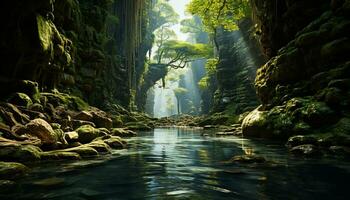 Tranquil scene Majestic mountain, flowing water, green forest, and mysterious fog generated by AI photo