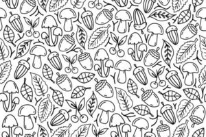 Line art seamless autumnal pattern with linear drawn acorns, leaves, mushrooms. Contour drawn fall seamless repeating pattern. vector