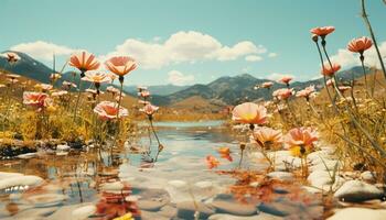 Tranquil scene meadow beauty in nature, wildflower blossom under sunlight generated by AI photo