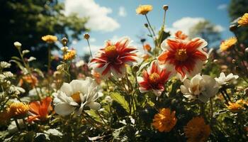 Nature beauty in summer vibrant flowers, green meadows, fresh blossoms generated by AI photo