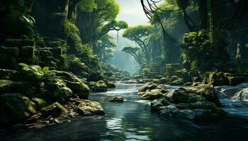 Nature beauty in a tropical rainforest green trees, flowing water generated by AI photo