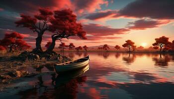 Tranquil scene sunset reflects on water, tree silhouettes adorn landscape generated by AI photo