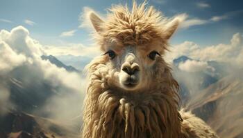 Fluffy alpaca in the mountains, looking at camera, cute generated by AI photo