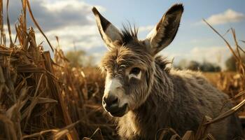 Cute donkey and goat grazing in meadow at sunset generated by AI photo
