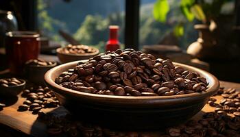 Freshly ground coffee beans on a wooden table, ready to brew generated by AI photo