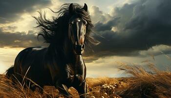 caballo corriendo libremente en prado, puesta de sol pinturas tranquilo belleza generado por ai foto