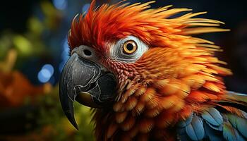 Vibrant blue and yellow macaw perched in tropical rainforest generated by AI photo